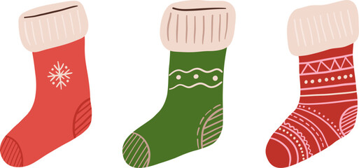 Set of cartoon vintage Christmas stocking vector illustration. Xmas socks clipart. Winter holiday decoration