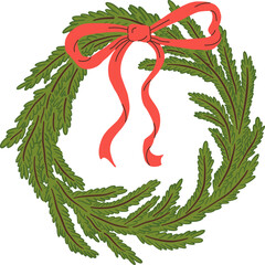 Cartoon Christmas wreath with red bow ribbon vector illustration. Hand draw Xmas garland.