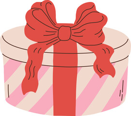 Cartoon Christmas round gift box with bow vector illustration. Xmas holiday presents icon. Valentines day clipart