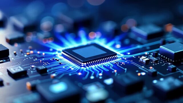 Close-up of a glowing computer processor on a circuit board.