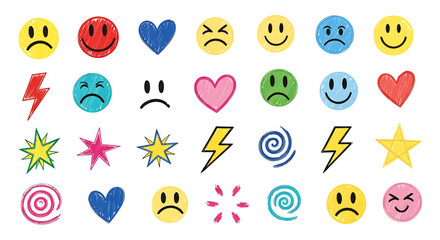 A collection of colorful hand-drawn style icons including hearts, stars, lightning bolts, and smiley faces.