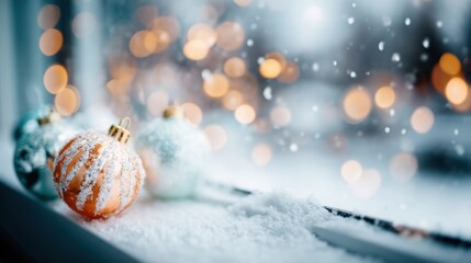 Winter decorations by the window with snowfall and warm lights in the background