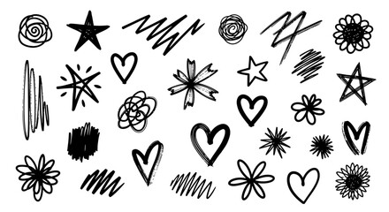 A collection of hand-drawn doodle elements including stars, hearts, flowers, and abstract scribbles.