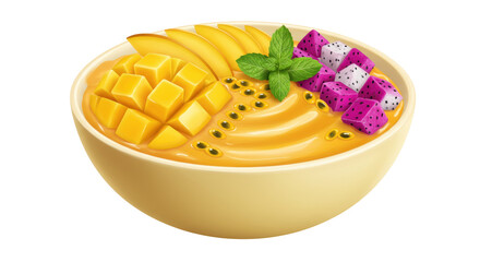 Delicious mango smoothie bowl with dragon fruit and mint isolated, healthy breakfast food on transparent background