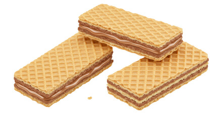 Three rectangular wafer biscuits with chocolate cream isolated on white, crispy snack for dessert and sweet treat