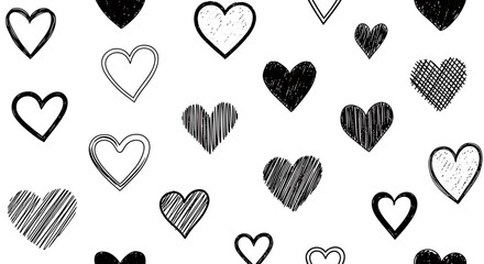 Seamless pattern of hand-drawn black and white hearts in various doodle and sketch styles on a white background.