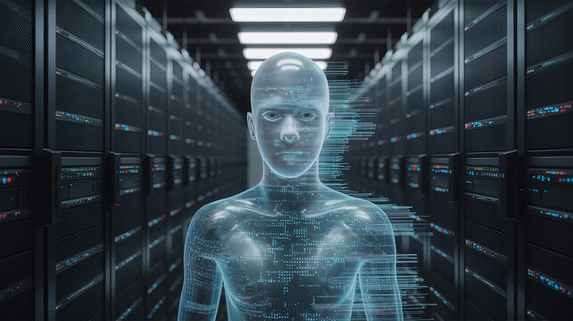 Digital Guardian in Server Room: A translucent humanoid figure materializes amidst a high-tech server room. The image embodies themes of data security, and innovation.