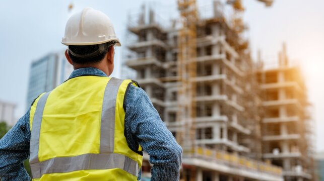 Safety-conscious construction foreman supervises active site in urban area during daylight