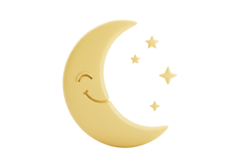 Smiling crescent moon with stars PNG isolated on transparent background, cute cartoon celestial body for kids and nursery decor