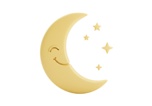 Smiling crescent moon with stars PNG isolated on transparent background, cute cartoon celestial body for kids and nursery decor