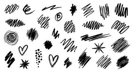Collection of various hand-drawn scribble and sketch elements, perfect for design and artistic projects.