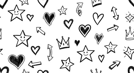 Black and white doodle pattern with hearts, stars, crowns, and arrows.