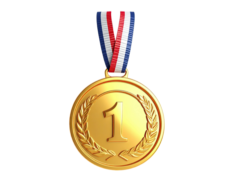 A golden medal with a number "1" and a ribbon on a black background