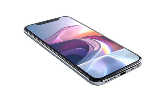 Angled view of a silver smartphone with a colorful abstract wallpaper