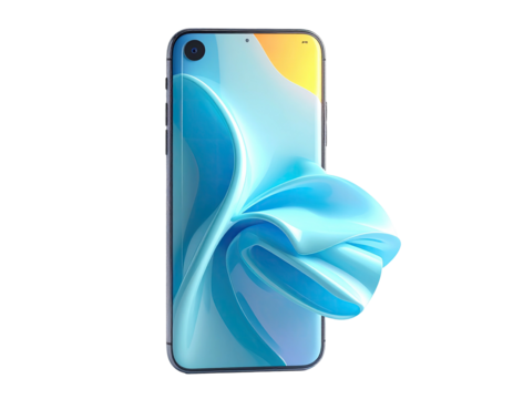 Futuristic mobile phone with flowing abstract blue wave on black background