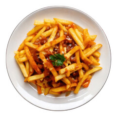 Poutine traditional canadian on white plate top view isolated on transparent background.