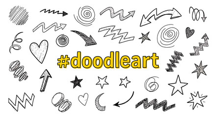 A collection of various hand-drawn doodle art elements including arrows, hearts, stars, swirls, and zigzags on a white background with '#doodleart' text.