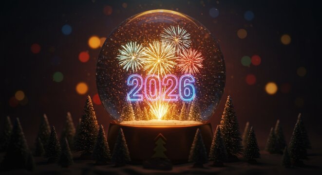 A snow globe with the year 2026 blazing inside, encircled by fireworks and miniature Christmas trees.
