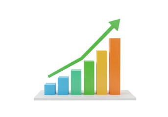 Colorful bar graph with green arrow isolated on transparent PNG, business growth and financial success concept