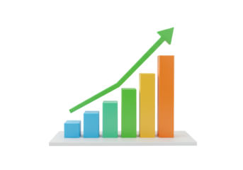Colorful bar graph with green arrow isolated on transparent PNG, business growth and financial success concept