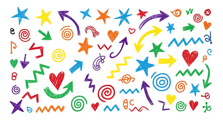 A vibrant and colorful collection of hand-drawn doodles, featuring stars, hearts, arrows, and zig-zag patterns.