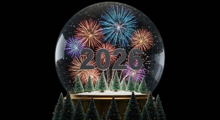 Obraz premium A snow globe with the year 2026 blazing inside, encircled by fireworks and miniature Christmas trees. 