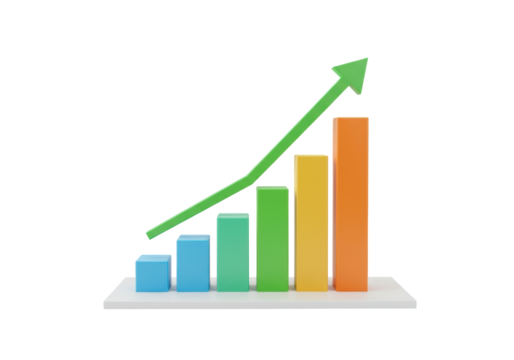 Colorful bar graph with green arrow isolated on transparent PNG, business growth and financial success concept