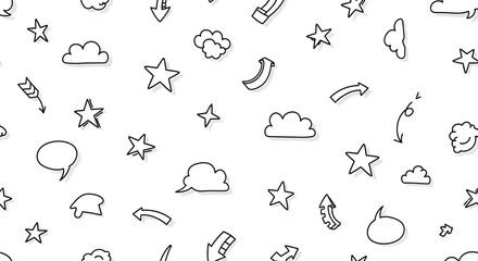 Seamless pattern of hand-drawn doodle elements including stars, clouds, arrows, and speech bubbles on a white background.