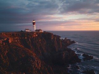 A solitary lighthouse illuminates the coastline from a dramatic cliff during a serene sunset