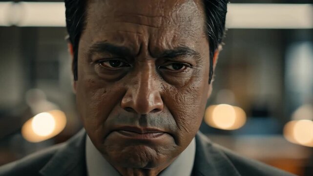 Closeup of an angry man in a suit with furrowed brow and pursed lips