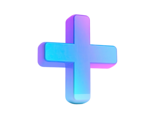 3D rendering of a glossy, gradient-colored plus symbol on a black background