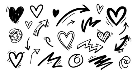 A collection of hand-drawn black doodle elements, including various hearts, arrows, and abstract scribbles on a white background.