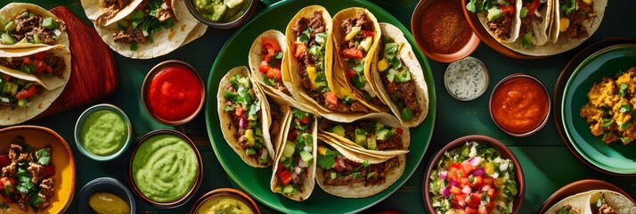 Aerial perspective of a vibrant table laden with Mexican tacos and accompaniments.