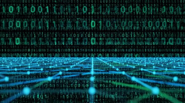 Futuristic digital grid with binary code overlay in cyber network environment