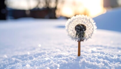 A dandelion seed head in the snow at sunset