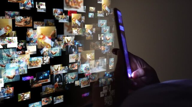 Hand touch screen smartphone. social media interface on screen