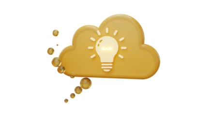 Golden cloud with lightbulb isolated PNG, creative idea concept for business innovation and problem solving on transparent background