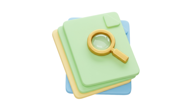 Stack of colorful documents with magnifying glass isolated PNG, search and analysis concept for business and education