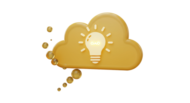 Golden cloud with lightbulb isolated PNG, creative idea concept for business innovation and problem solving on transparent background