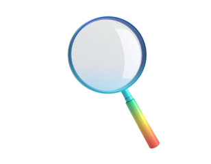 A colorful magnifying glass with a gradient handle floats on a black background