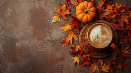 Delicious pumpkin latte in a mug, pumpkins, and autumn leaves on a wooden table. Seasonal drink. Delicious hot cappuccino. Autumn banner.