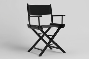 A Black Director's Chair on a White Backdrop (Iconic Folding Legs, Armrests) in a Studio Light Setting: For Product Photography and Commercial Use