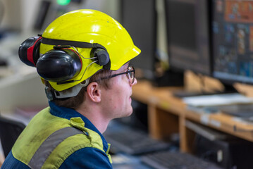 The marine engineer officer sits in the control room of a merchant vessel, focused on recording key...