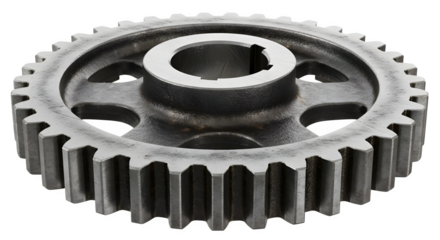 Close up of a metal gear with teeth and a central hub