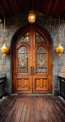 Ornate wooden double doors with stained glass windows, set within a stone archway, entrance to a stately building.