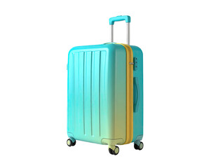 A gradient blue/yellow hard-shell suitcase with extendable handle and wheels