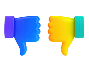 Colorful 3D thumbs-down emojis in blue and yellow against a black background