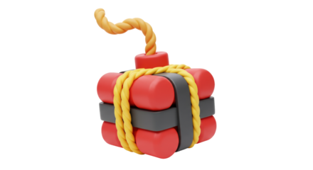 Cartoon dynamite bomb PNG isolated, red explosive with yellow rope and gray straps on transparent background