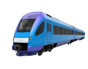Sleek, modern passenger train in blues and purples against a black background