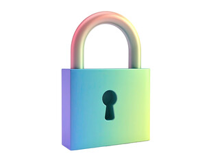 A 3D-rendered, iridescent padlock with a keyhole, set against black